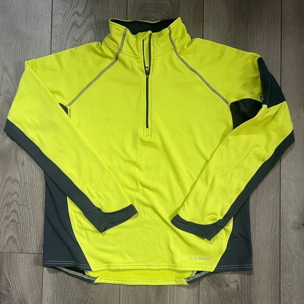 LL Bean Womens Neon Yellow Gray Grid Fleece Quarter Zip Pullover Large O BWG6